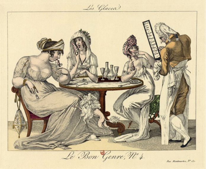 Mujeres nobles comiendo helado en una caricatura francesa, 1801